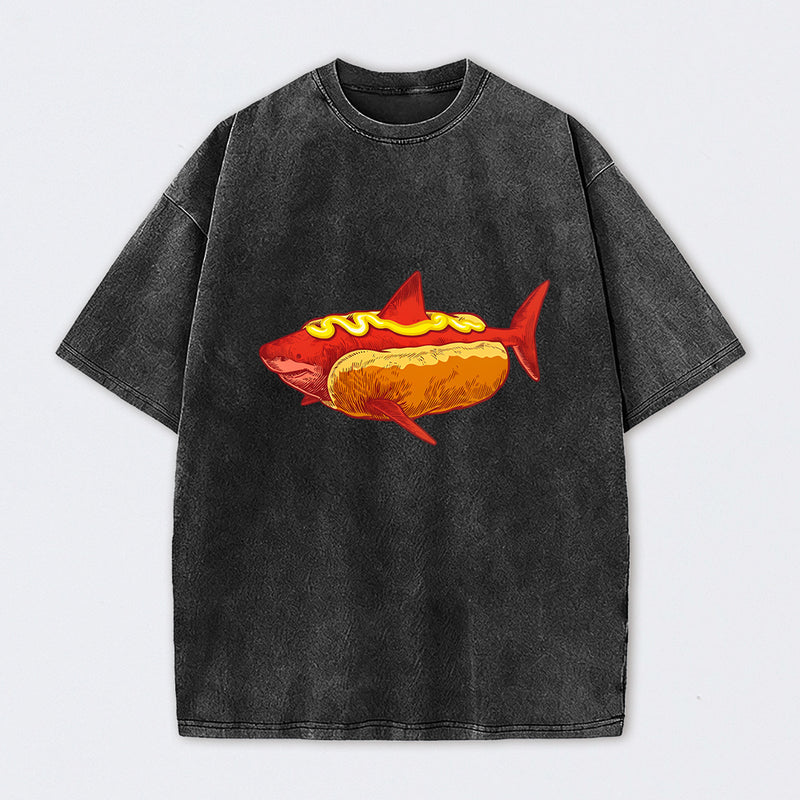 Shark Hotdog Funny Food Meme Washed T-Shirt