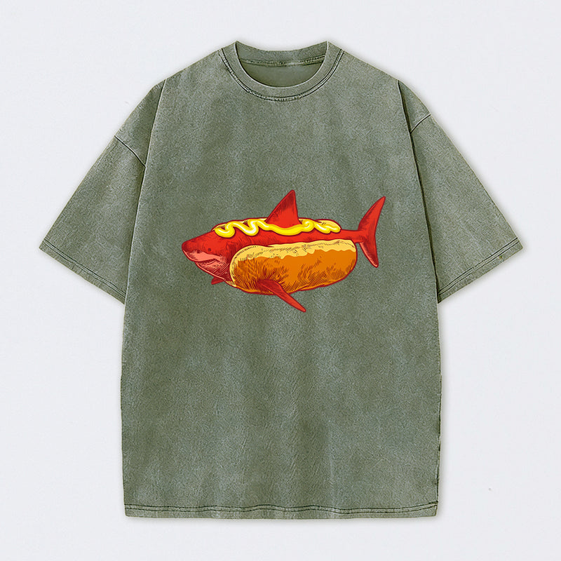 Shark Hotdog Funny Food Meme Washed T-Shirt