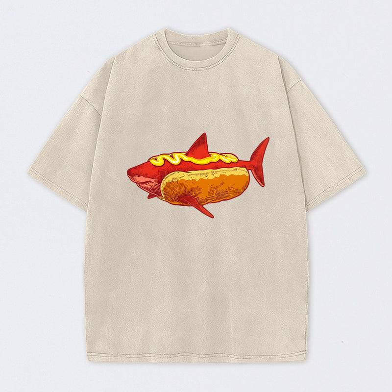 Shark Hotdog Funny Food Meme Washed T-Shirt
