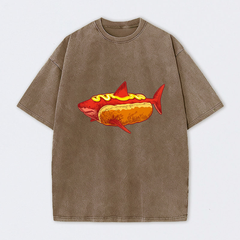 Shark Hotdog Funny Food Meme Washed T-Shirt
