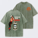 Pin Up Cowgirl Drinking Streetwear Washed T-Shirt