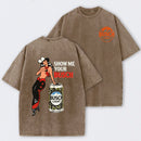 Pin Up Cowgirl Drinking Streetwear Washed T-Shirt
