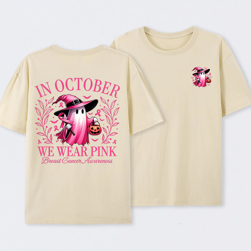 In October We Wear Pink Ghost Halloween Breast Cancer Awareness T-Shirt