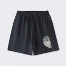 Distressed Fibonacci Spiral Graphic Washed Shorts