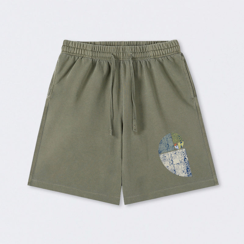 Distressed Fibonacci Spiral Graphic Washed Shorts