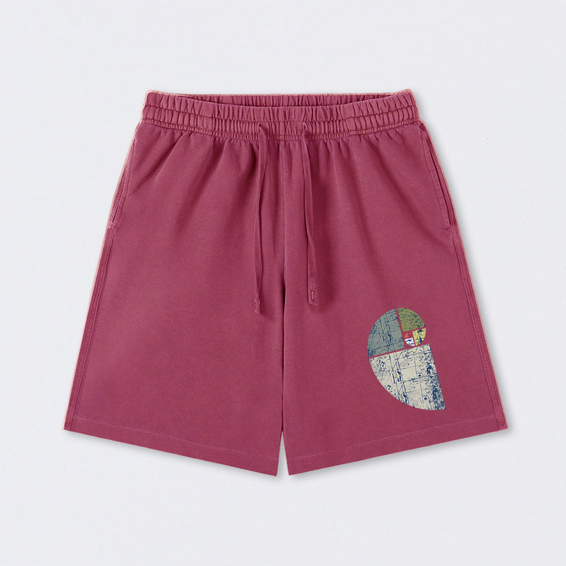 Distressed Fibonacci Spiral Graphic Washed Shorts