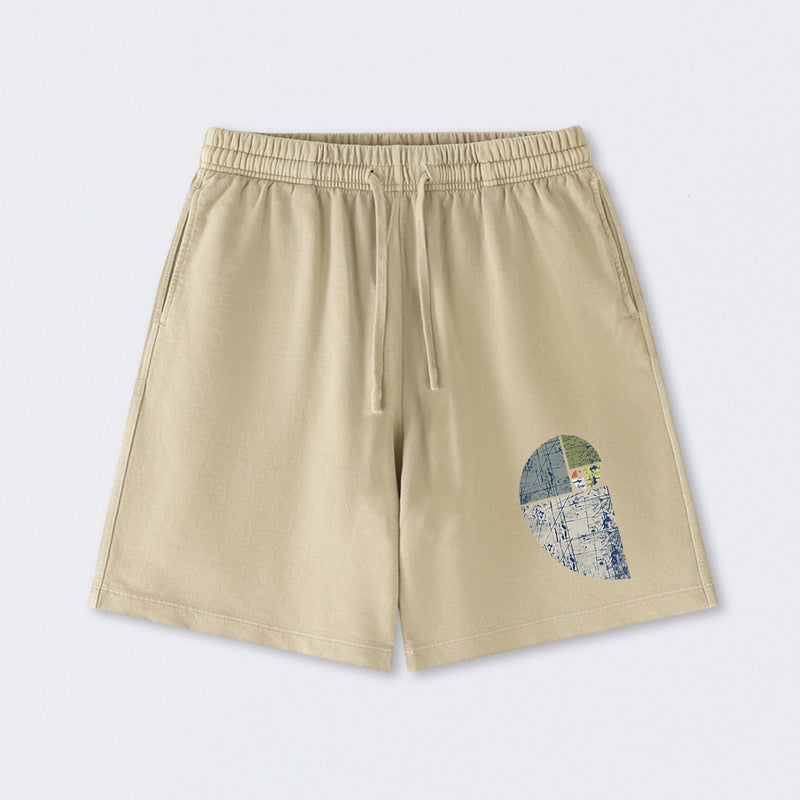 Distressed Fibonacci Spiral Graphic Washed Shorts