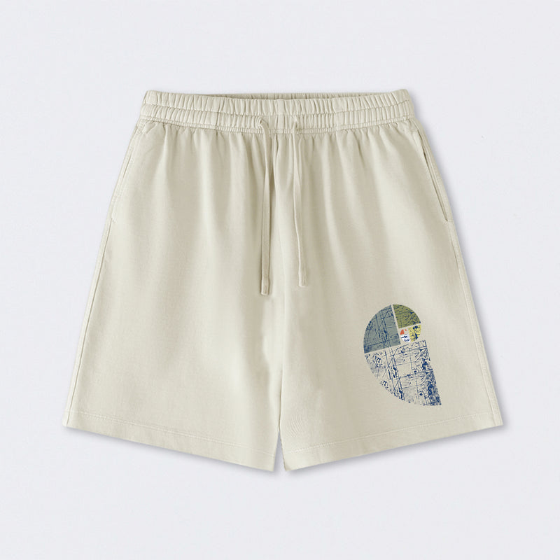 Distressed Fibonacci Spiral Graphic Washed Shorts