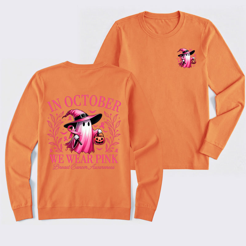 In October We Wear Pink Ghost Halloween Breast Cancer Awareness Long Sleeve T-Shirt