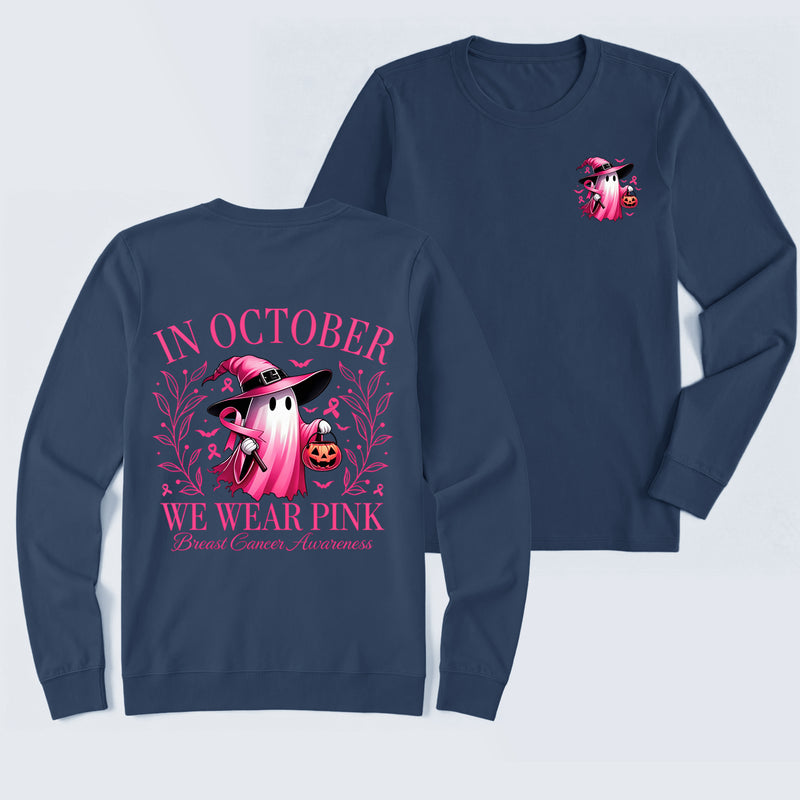 In October We Wear Pink Ghost Halloween Breast Cancer Awareness Long Sleeve T-Shirt