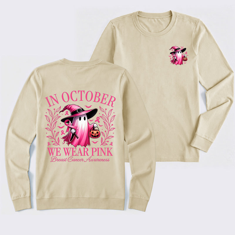 In October We Wear Pink Ghost Halloween Breast Cancer Awareness Long Sleeve T-Shirt