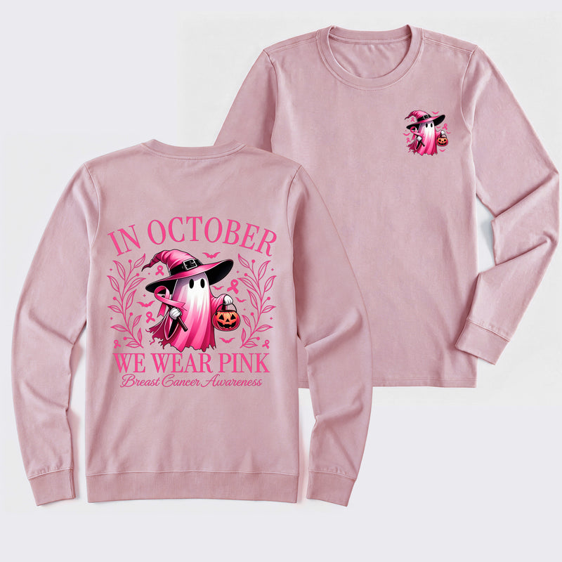 In October We Wear Pink Ghost Halloween Breast Cancer Awareness Long Sleeve T-Shirt
