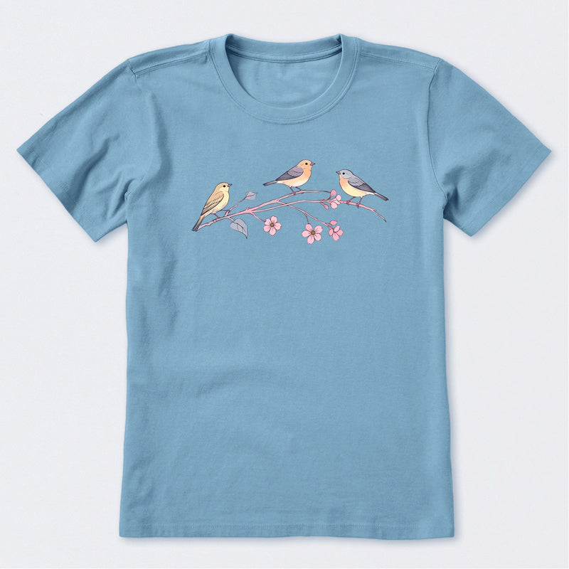 Three Little Birds on Flowers Short Sleeve T-Shirt