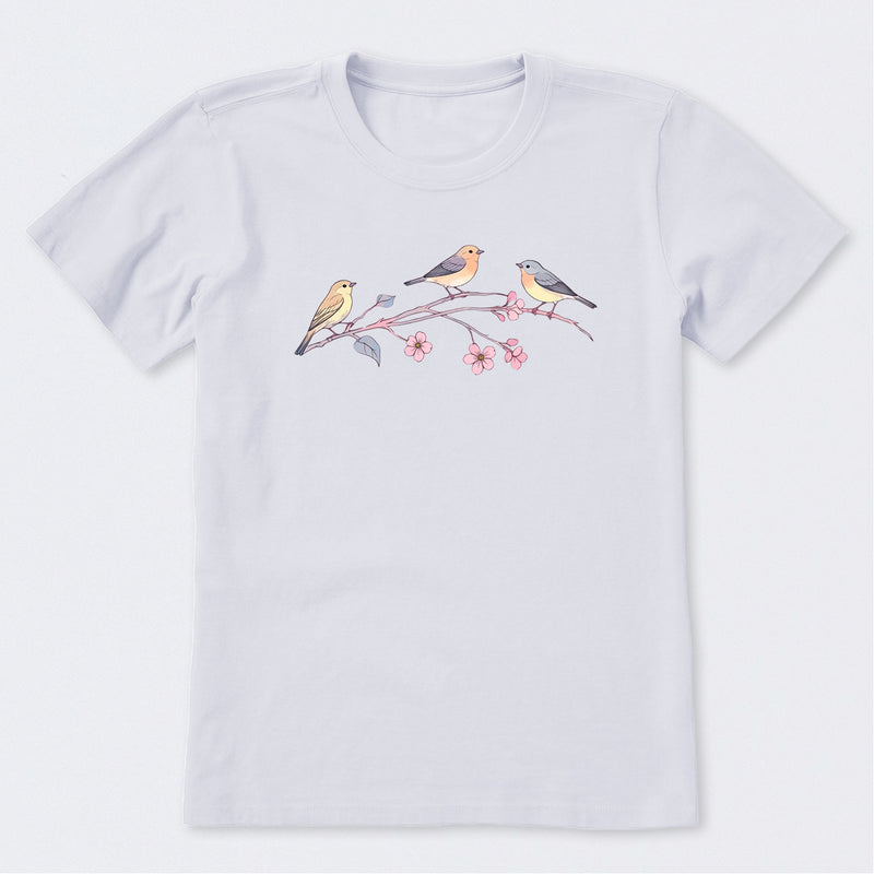 Three Little Birds on Flowers Short Sleeve T-Shirt