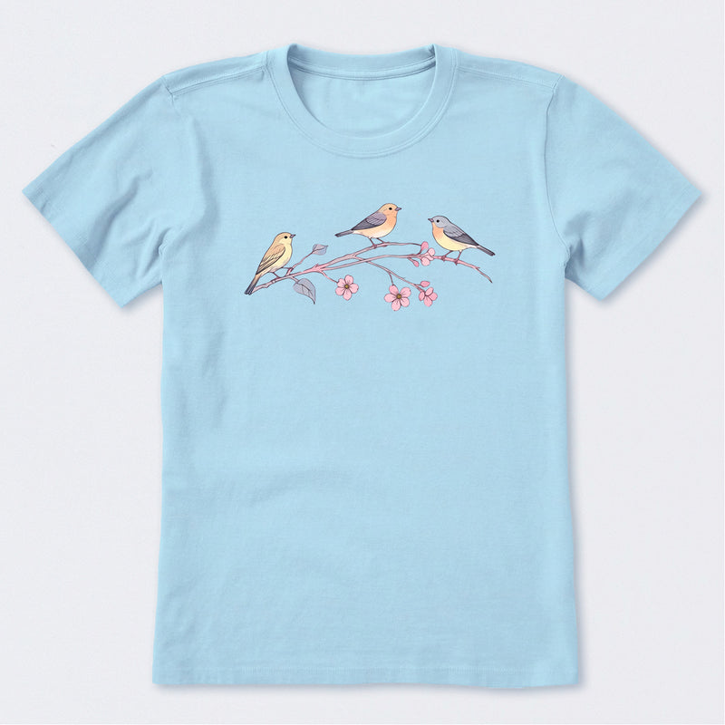 Three Little Birds on Flowers Short Sleeve T-Shirt