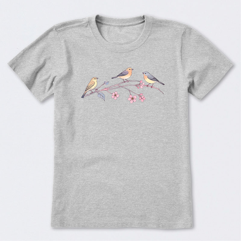 Three Little Birds on Flowers Short Sleeve T-Shirt