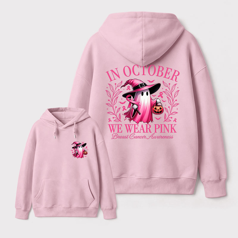In October We Wear Pink Ghost Halloween Breast Cancer Awareness Hoodie